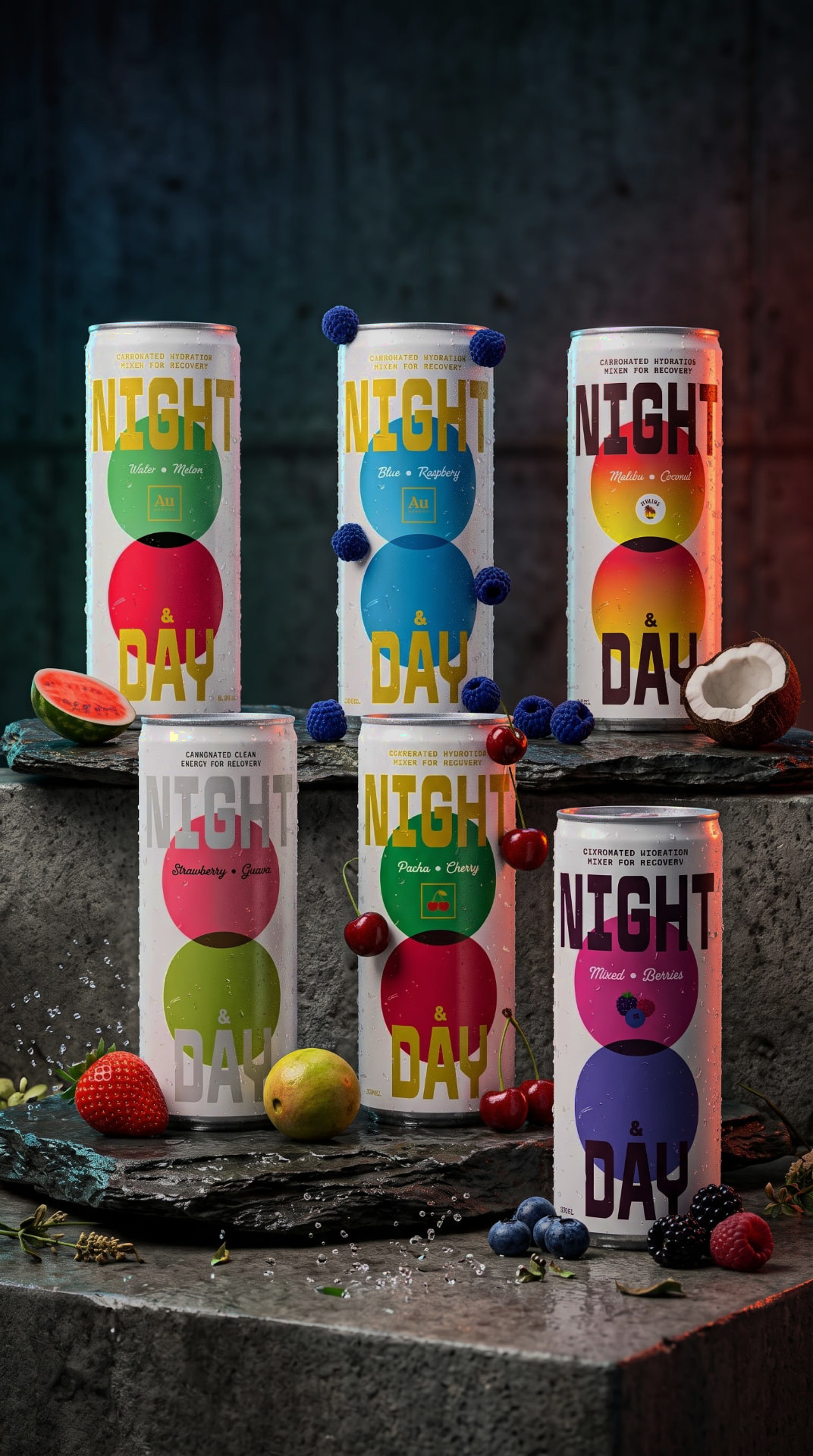Night & Day cans arranged on rough stone blocks with berries and coconut