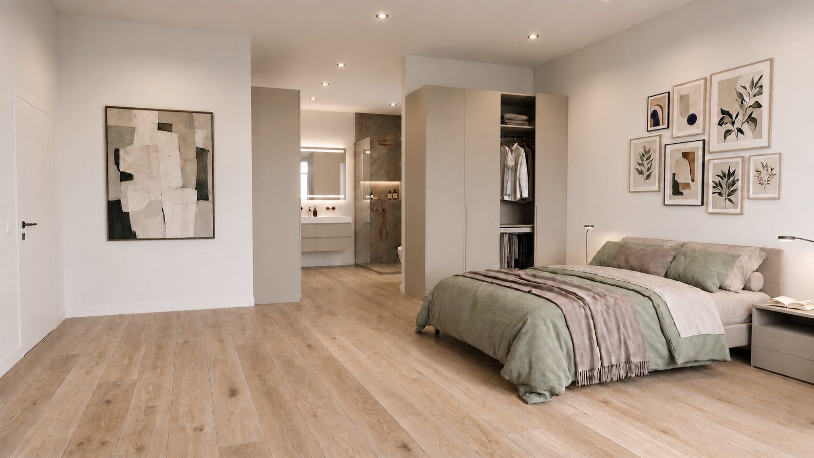 Master bedroom with open bathroom and wall of framed botanical prints