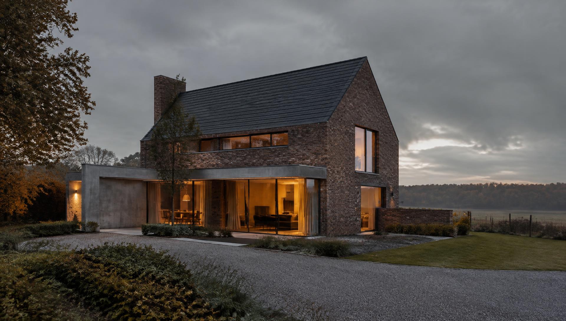 Brick villa rendered at dusk