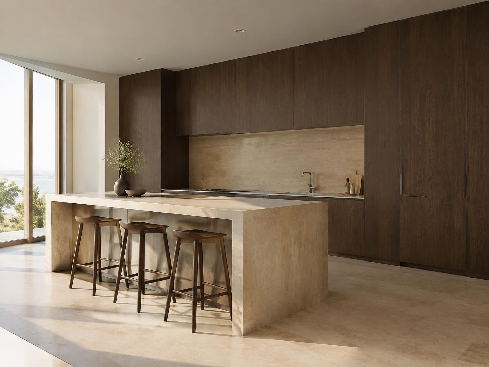 Rendered kitchen with dark oak and stone island